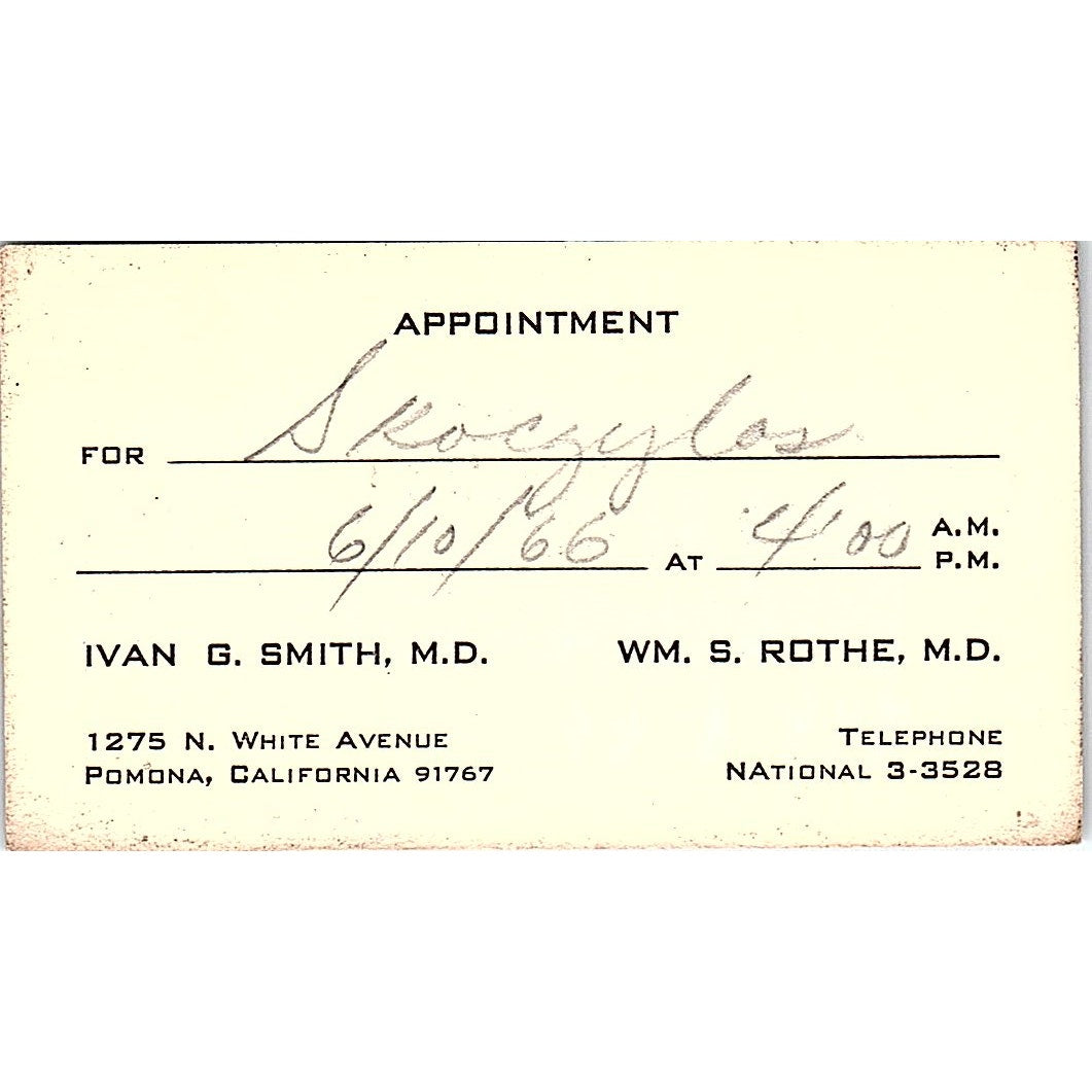 Ivan G. Smith, Wm S. Rothe, Pomona CA Vintage Business Card SB4-B2
