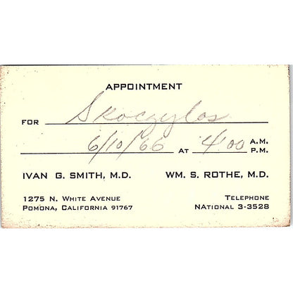 Ivan G. Smith, Wm S. Rothe, Pomona CA Vintage Business Card SB4-B2