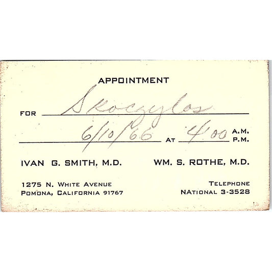 Ivan G. Smith, Wm S. Rothe, Pomona CA Vintage Business Card SB4-B2