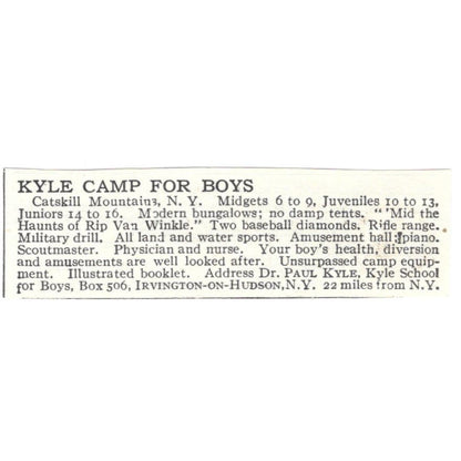 Dr. Paul Kyle Camp for Boys Catskill Mountains NY c1918 Advertisement AE5-SA6