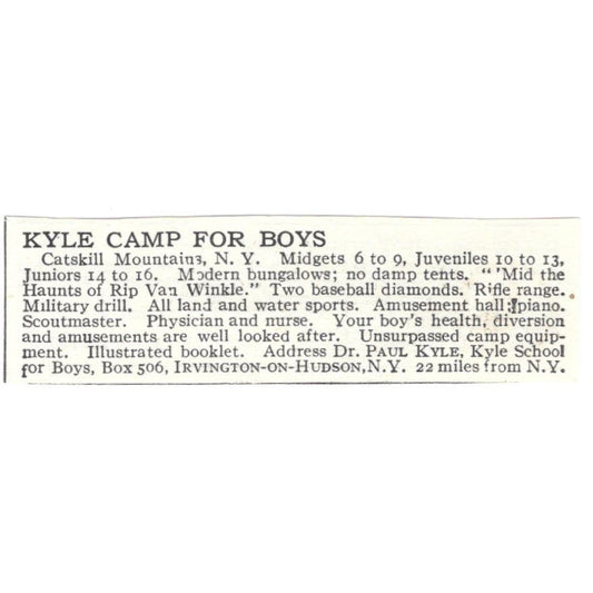 Dr. Paul Kyle Camp for Boys Catskill Mountains NY c1918 Advertisement AE5-SA6