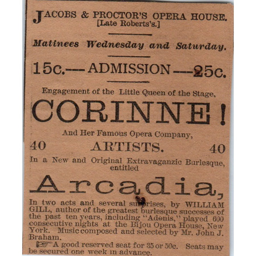 Jacobs & Proctor's Opera House Corine 1886 Hartford CT Victorian Ad AB8-HT1
