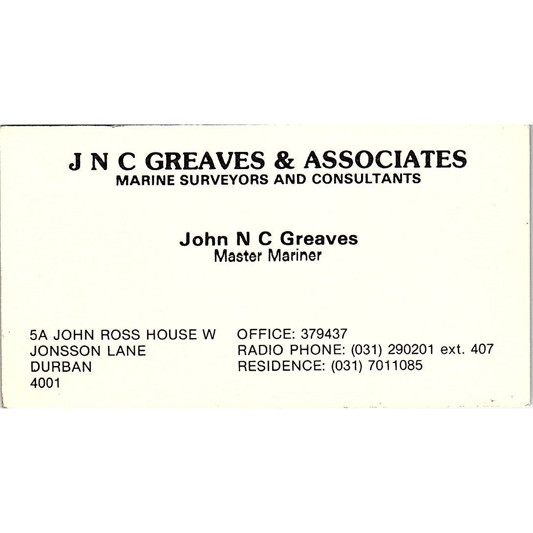 JNC Greaves & Associates John Greaves Durban KZN Vintage Business Card SSB4-B13