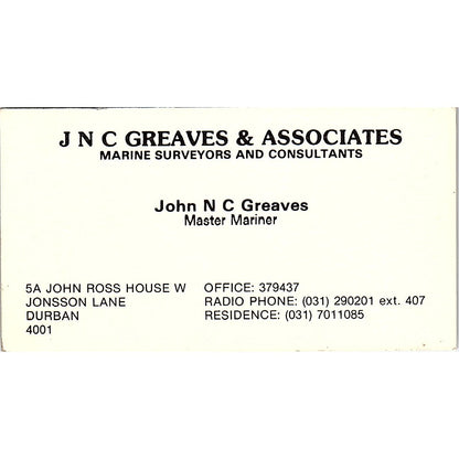 JNC Greaves & Associates John Greaves Durban KZN Vintage Business Card SSB4-B13