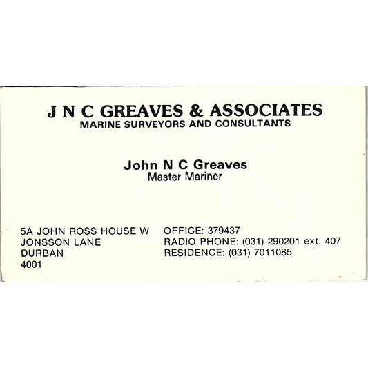 JNC Greaves & Associates John Greaves Durban KZN Vintage Business Card SSB4-B13
