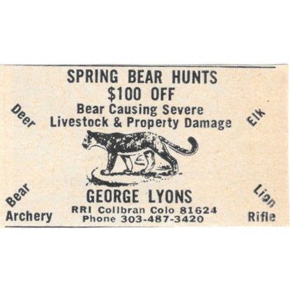 George Lyons Spring Bear Hunts Collbran CO 1977 Ad AF6-S4