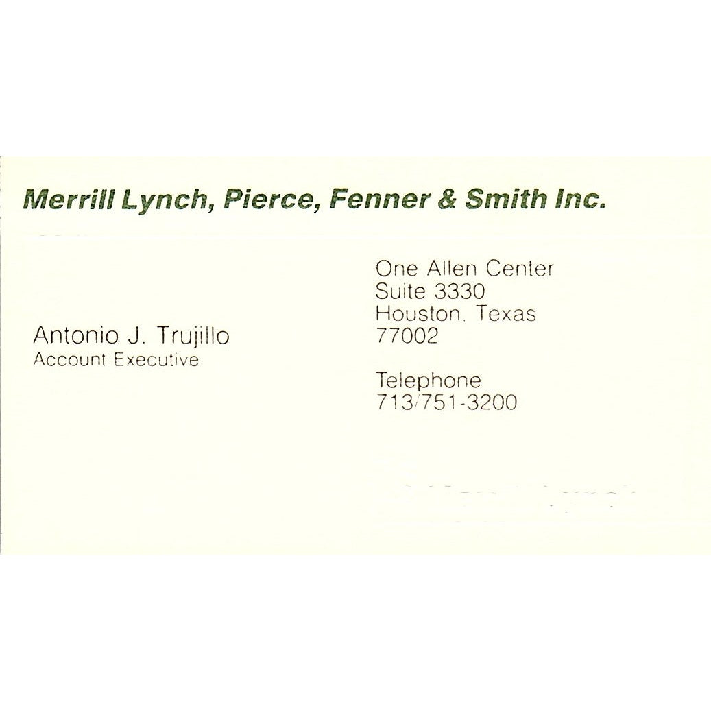Merrill Lynch Pierce Fenner Antonio T. Houston TX Vintage Business Card SF3-B9