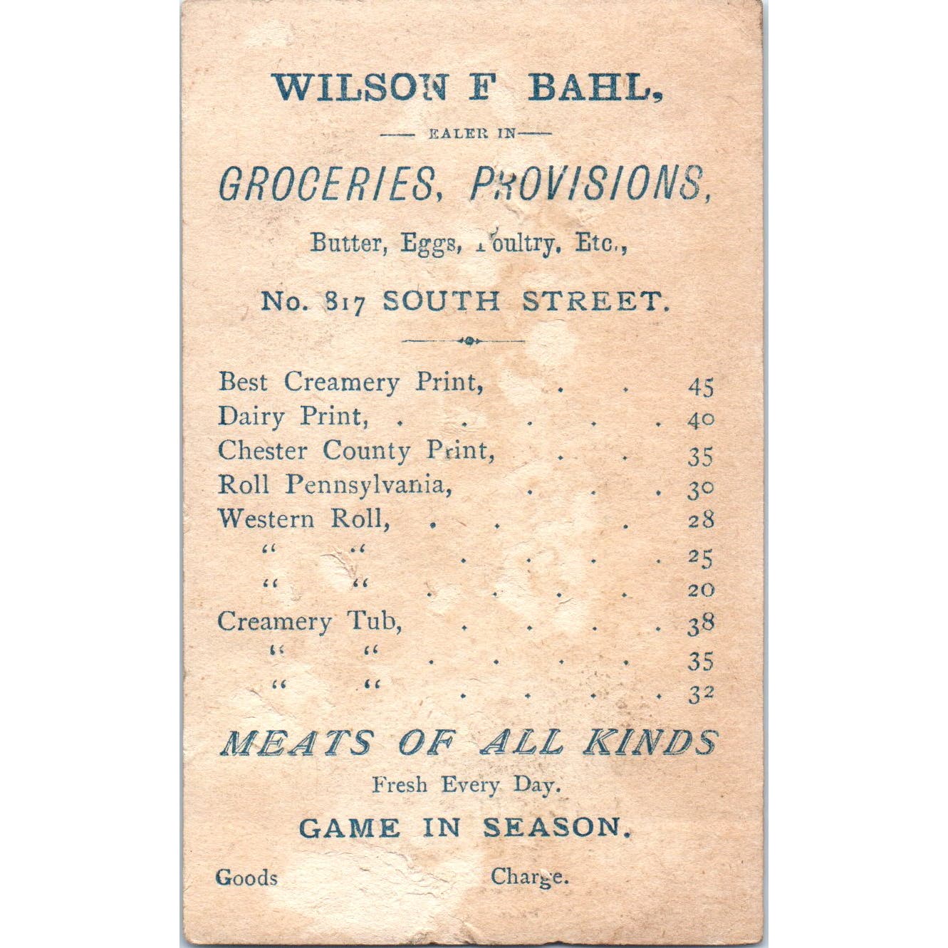 Wilson F. Bahl Groceries Philadelphia PA c1880 Victorian Trade Card AE5