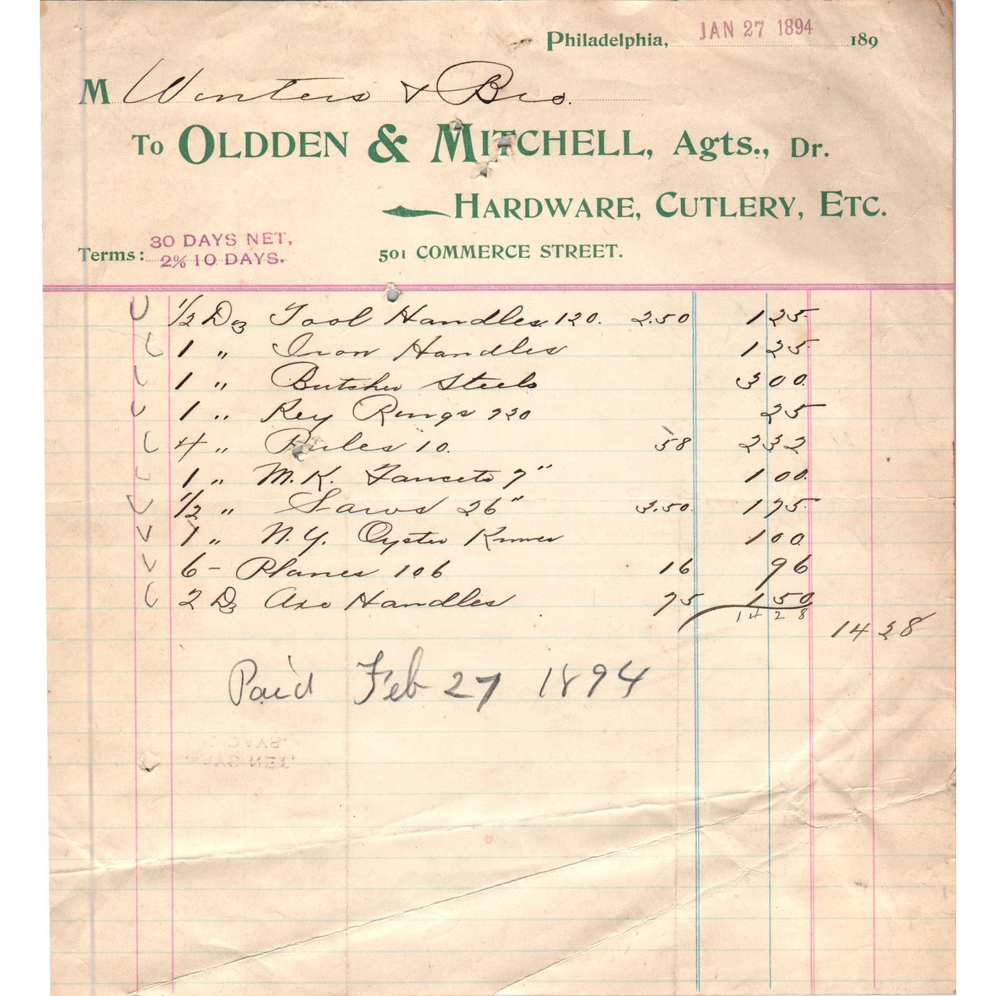 1894 Oldden & Mitchell Hardware Philadelphia Original Billhead Receipt AE7