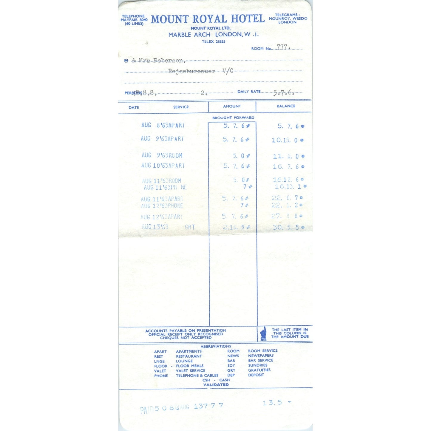 1960s Mount Royal Hotel Marble Arch London Letterhead Receipt AF7-E10