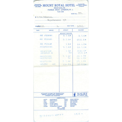 1960s Mount Royal Hotel Marble Arch London Letterhead Receipt AF7-E10