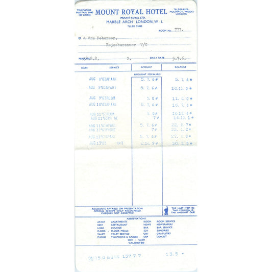 1960s Mount Royal Hotel Marble Arch London Letterhead Receipt AF7-E10