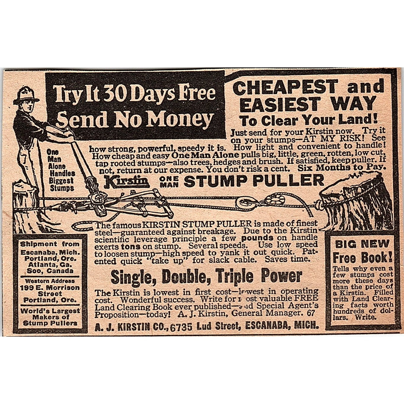 A.J. Kirstin One Man Stump Puller Lud Street Escanaba MI 1920 Ad AG2-6
