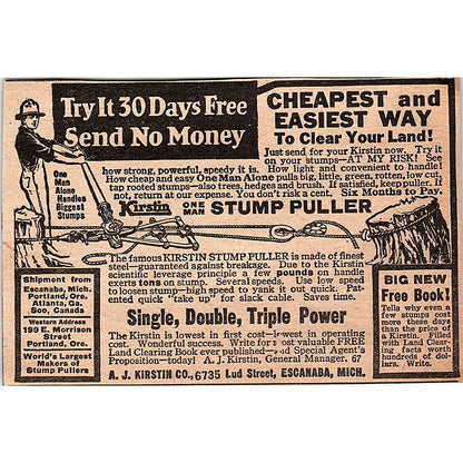 A.J. Kirstin One Man Stump Puller Lud Street Escanaba MI 1920 Ad AG2-6