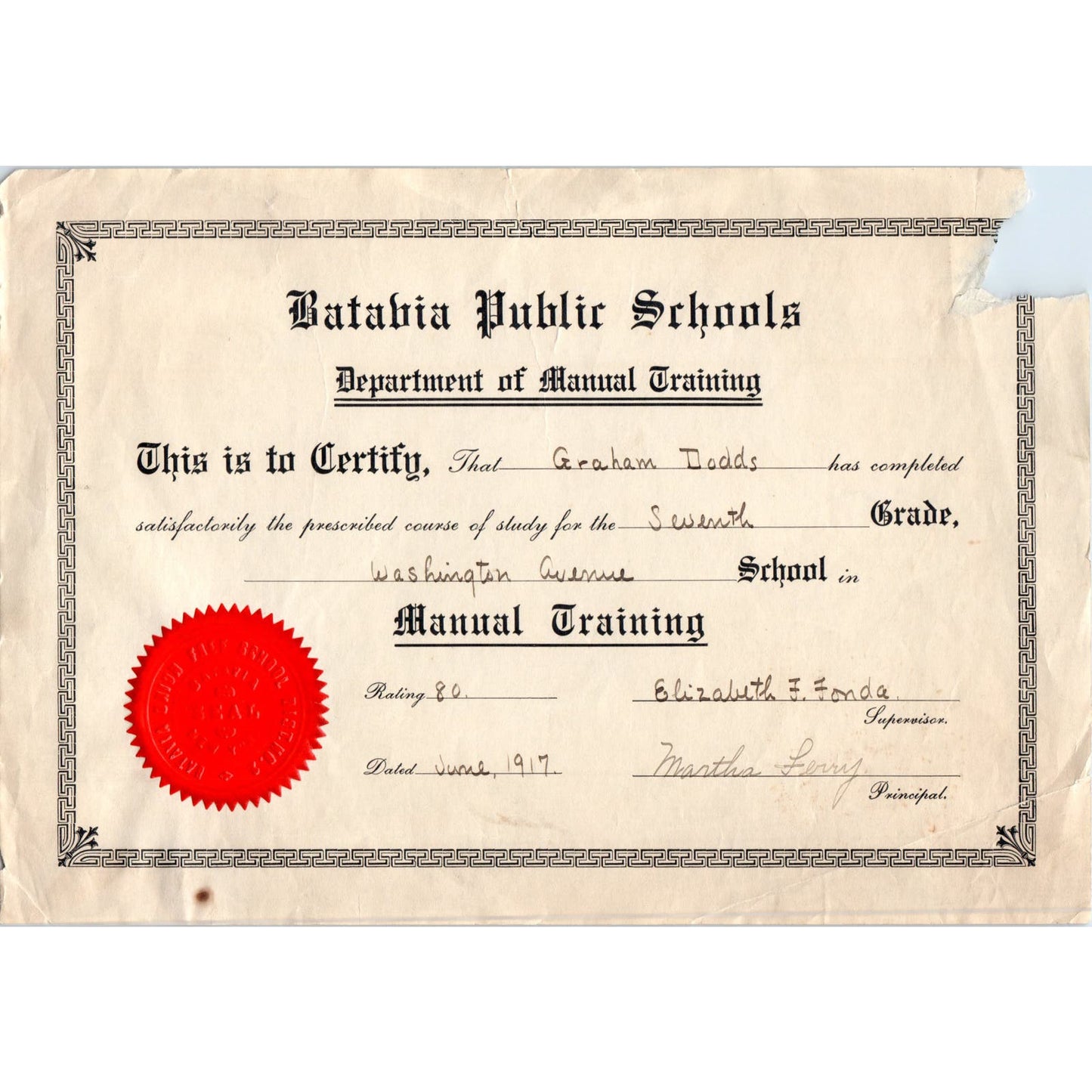 1917 Batavia Public Schools 7th Grade Graduation Certificate Graham Dodds AE6