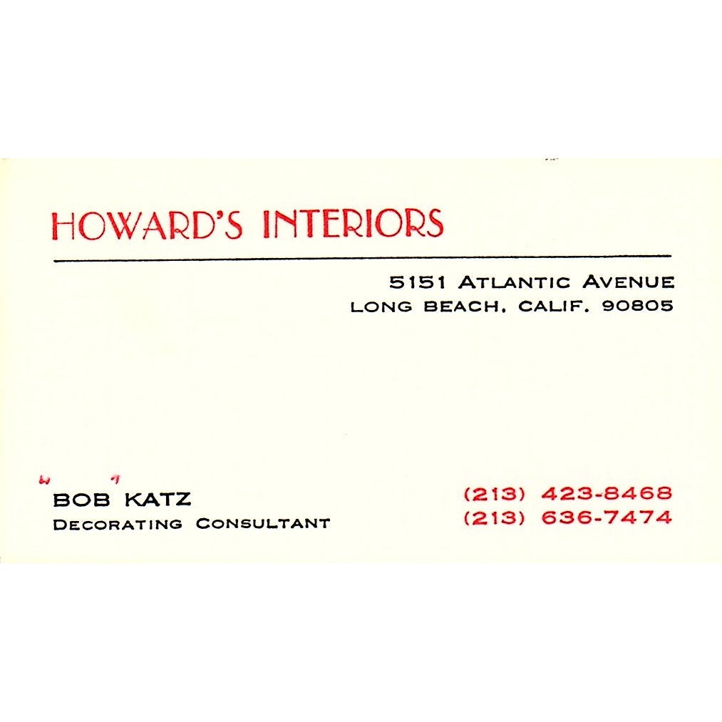 Howard's Interiors Bob Katz Long Beach California Vintage Business Card SF3-B2