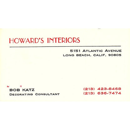 Howard's Interiors Bob Katz Long Beach California Vintage Business Card SF3-B2
