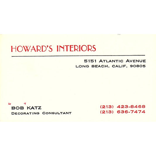 Howard's Interiors Bob Katz Long Beach California Vintage Business Card SF3-B2