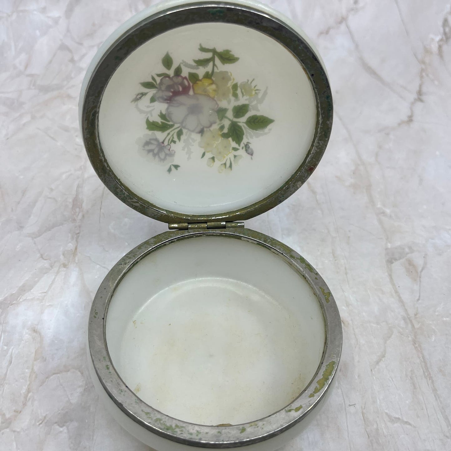 Vintage Celluloid Trinket Box Round Floral White Hinged Lid 4.25” TF5