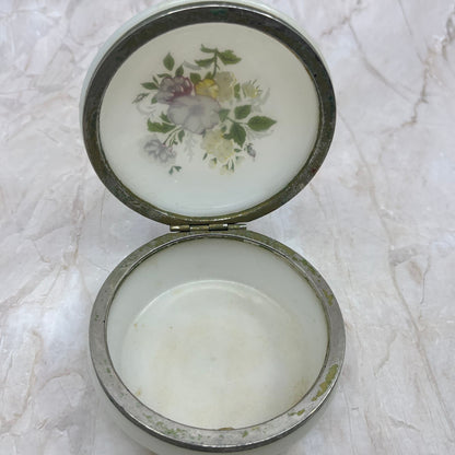 Vintage Celluloid Trinket Box Round Floral White Hinged Lid 4.25” TF5