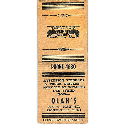 Olah's Restaurant Zanesville Ohio Vintage Matchbook Cover SC7-Y10