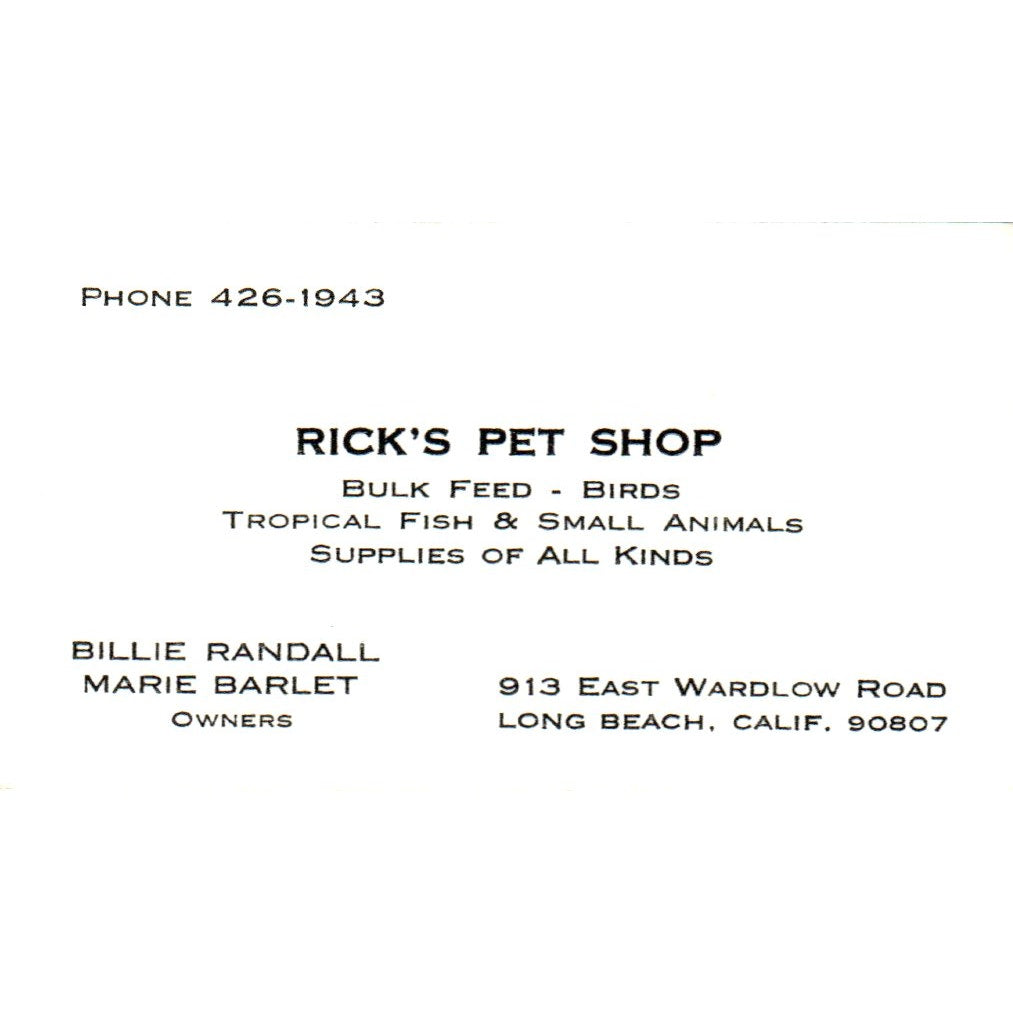 Rick's Pet Shop Billie Randall Marie Barlet Long Beach CA Business Card SD8-B15