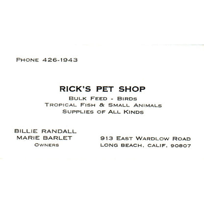 Rick's Pet Shop Billie Randall Marie Barlet Long Beach CA Business Card SD8-B15