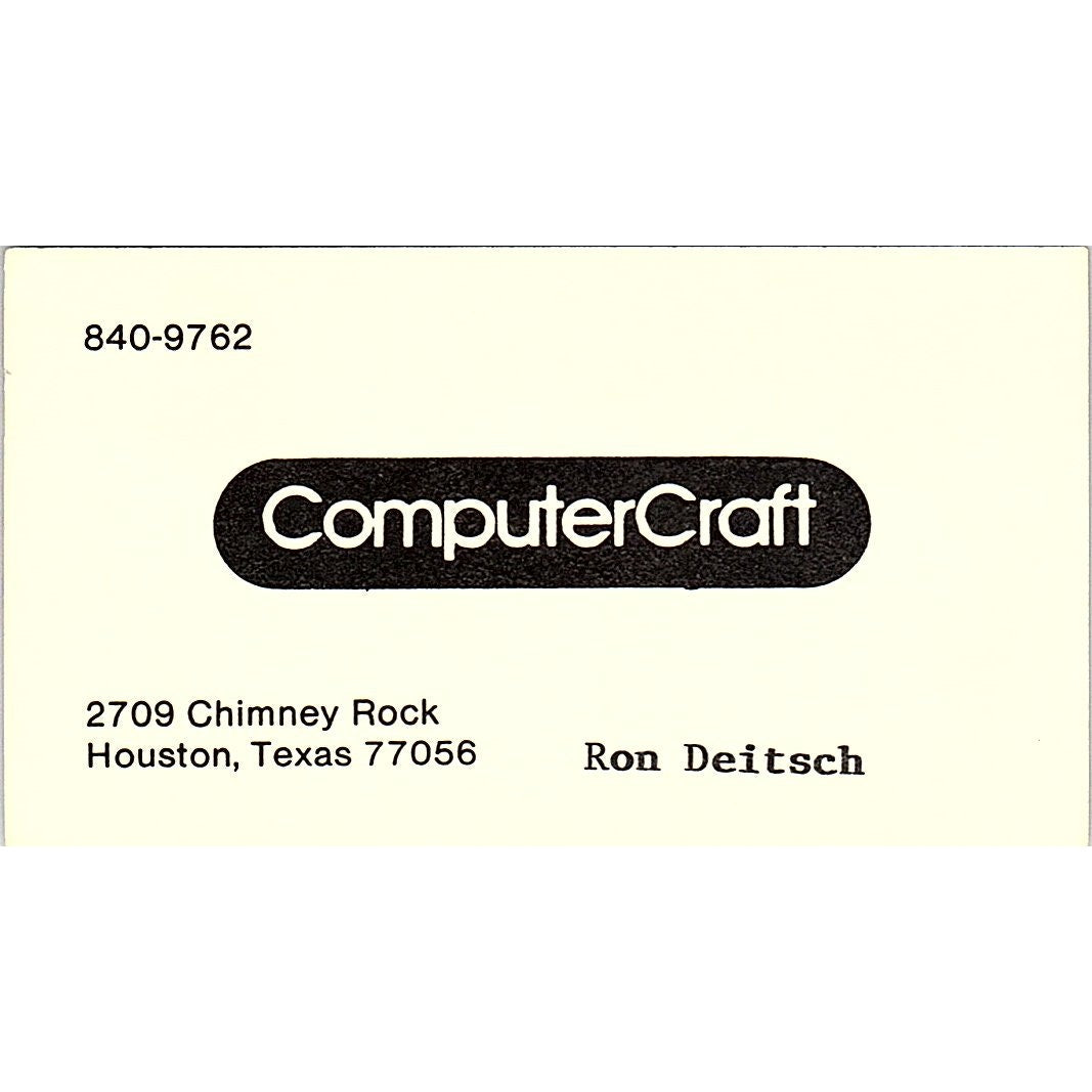 Ron Deitsch ComputerCraft Houston TX Vintage Business Card SD9-B3