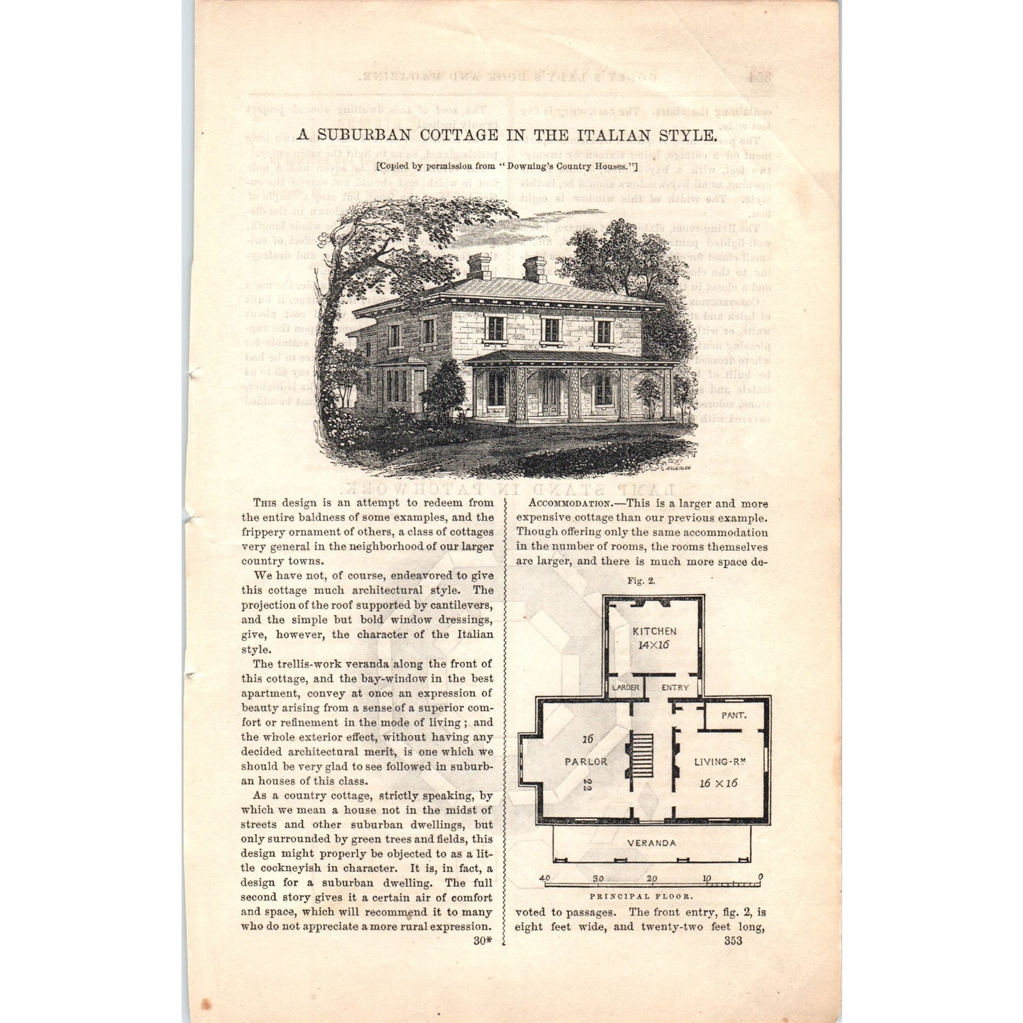 A Suburban Cottage in the Italian Style 1857 Original Engraving D19-5
