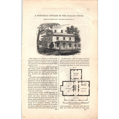 A Suburban Cottage in the Italian Style 1857 Original Engraving D19-5