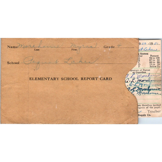 1951-52 Pequot Lakes MN Elementary School Report Card Myrna Morehouse TH9-SX1