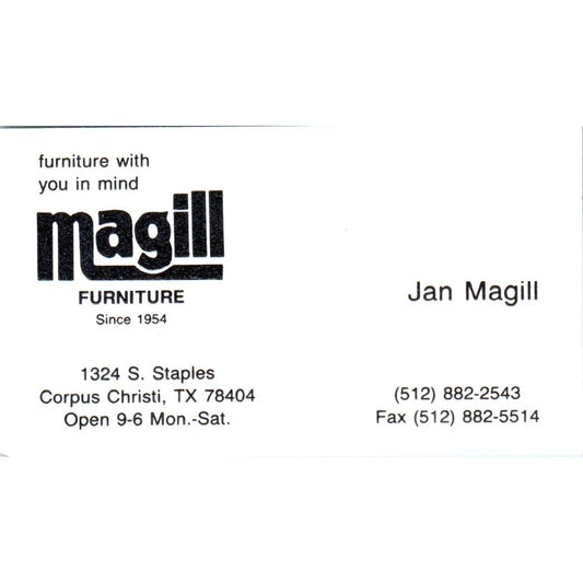 Jan Magill Magill Furniture Corpus Christi Vintage Business Card SD8-B18