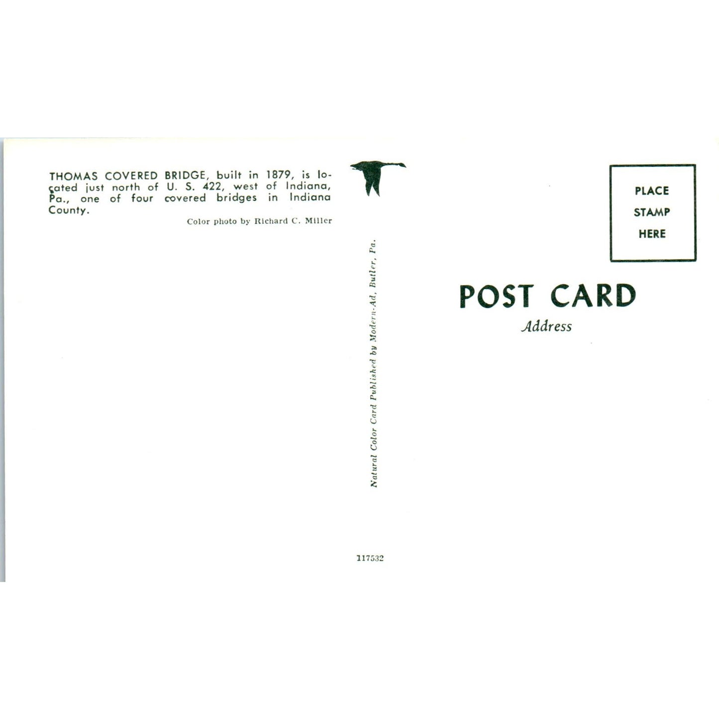 Indiana County, IN Thomas Covered Bridge Postcard PB10