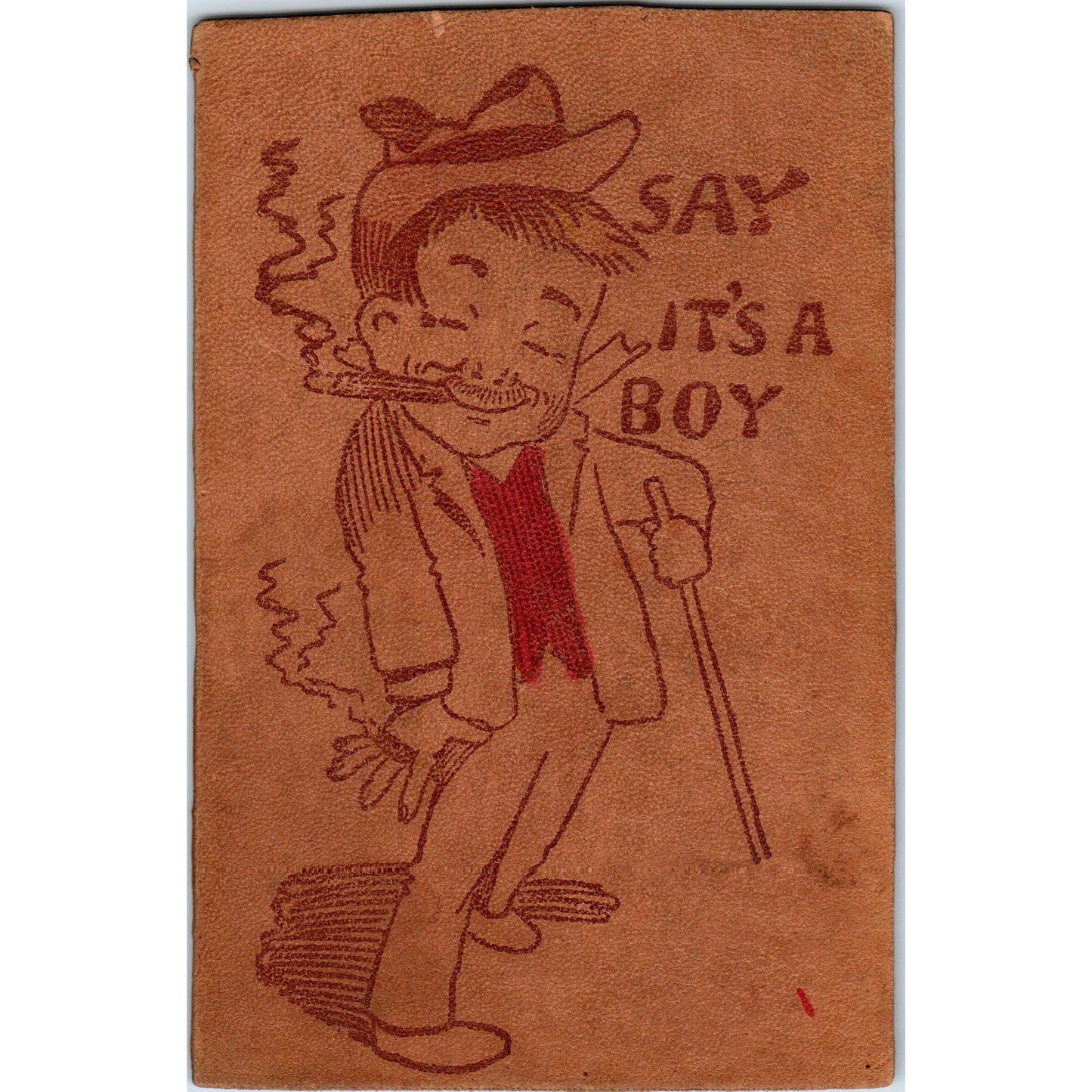 c1906 It's A Boy Smoking Cigar Humor Original Leather Postcard AE2