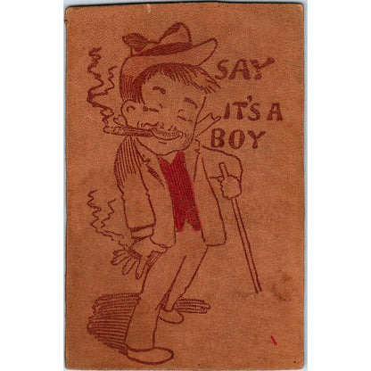 c1906 It's A Boy Smoking Cigar Humor Original Leather Postcard AE2