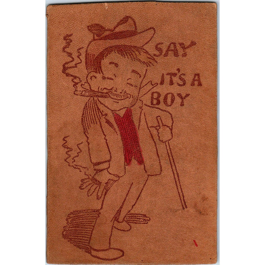 c1906 It's A Boy Smoking Cigar Humor Original Leather Postcard AE2