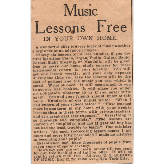 Music Lessons US School of Music 5th Ave New York City 1910 Magazine Ad AF1-CM3