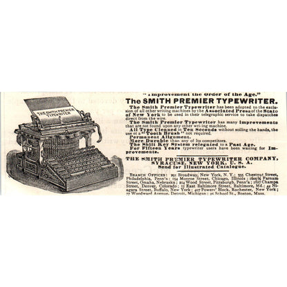 The Smith Premier Typewriter Syracuse NY c1890 Victorian ad AE8-CH3