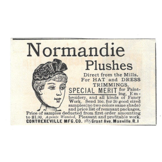 Normandie Plushes Contrexeville Mfg Co Manville RI c1890 Victorian Ad AE9-CH2