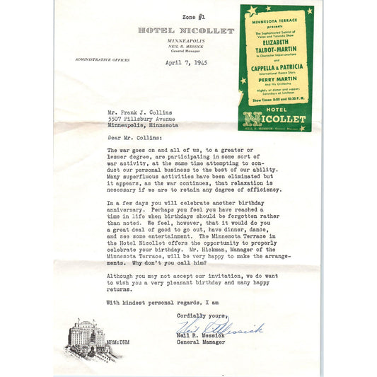 1945 Hotel Nicollet Letterhead Elizabeth Talbot-Martin Minneapolis MN D9