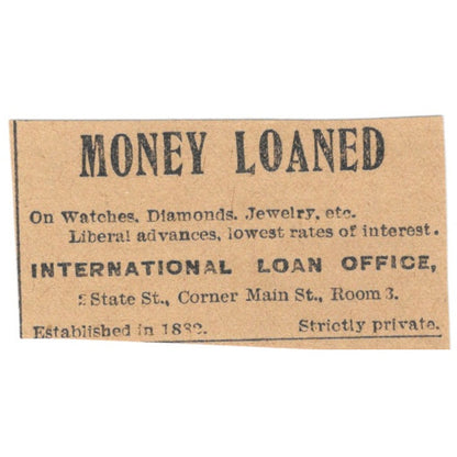 International Loan Office Main Street Hartford 1901 Newspaper Ad AD8-HS9