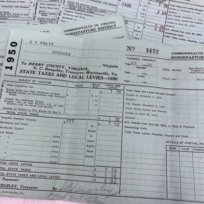 Lot of 1940s Henry County VA State Tax & Local Levies Forms Z.V. Pratt TG8-VV