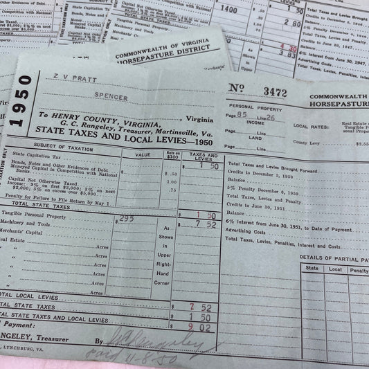 Lot of 1940s Henry County VA State Tax & Local Levies Forms Z.V. Pratt A17