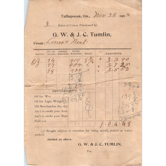 G.W. & J.C. Tumlin Tallapoosa GA 1902 Original Billhead Letterhead Receipt D8-LL