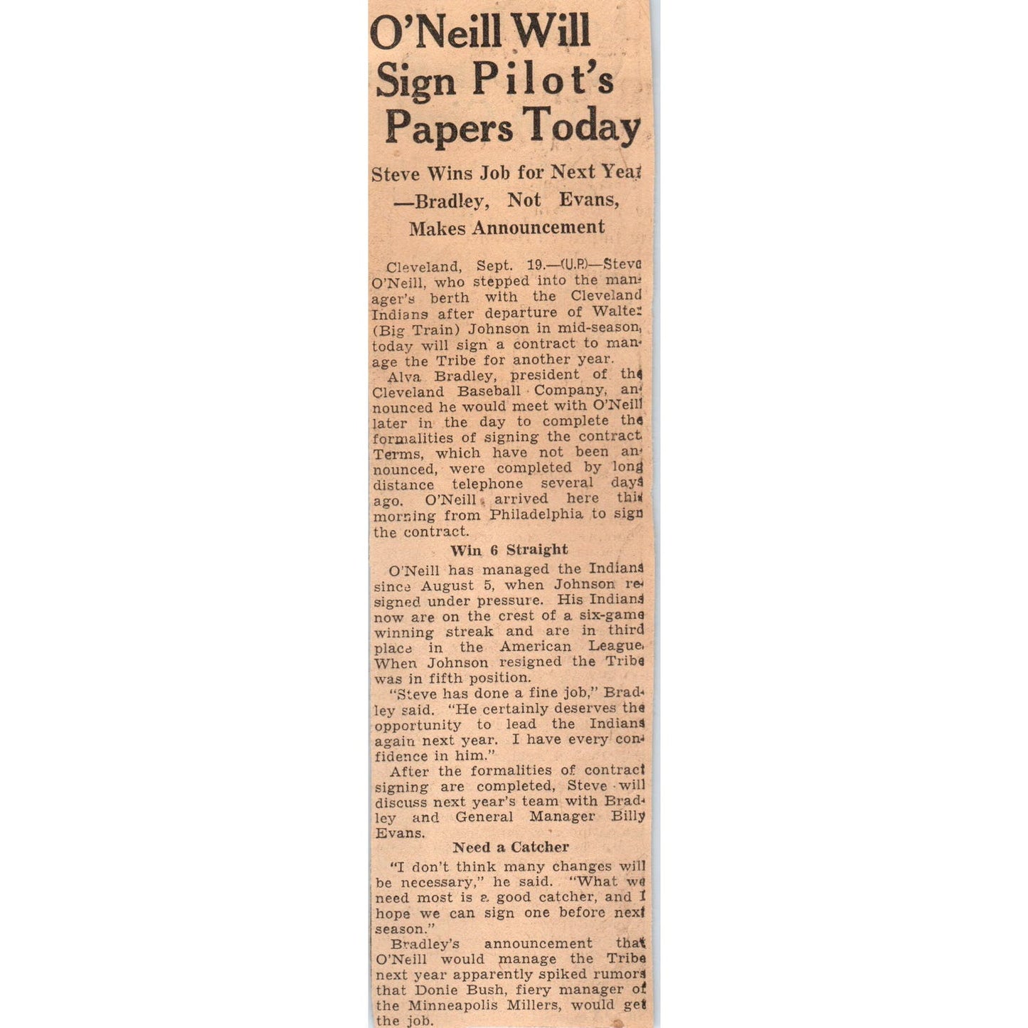 Baseball Steve O'Neil Cleveland Indians 1935 Minneapolis Journal Article AE7-N4