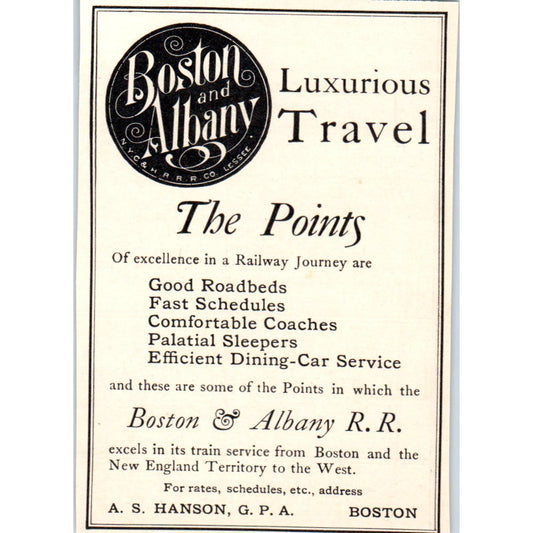 Boston and Albany RR Luxury Travel A.S. Hanson c1905 Victorian Ad AE9-MA7