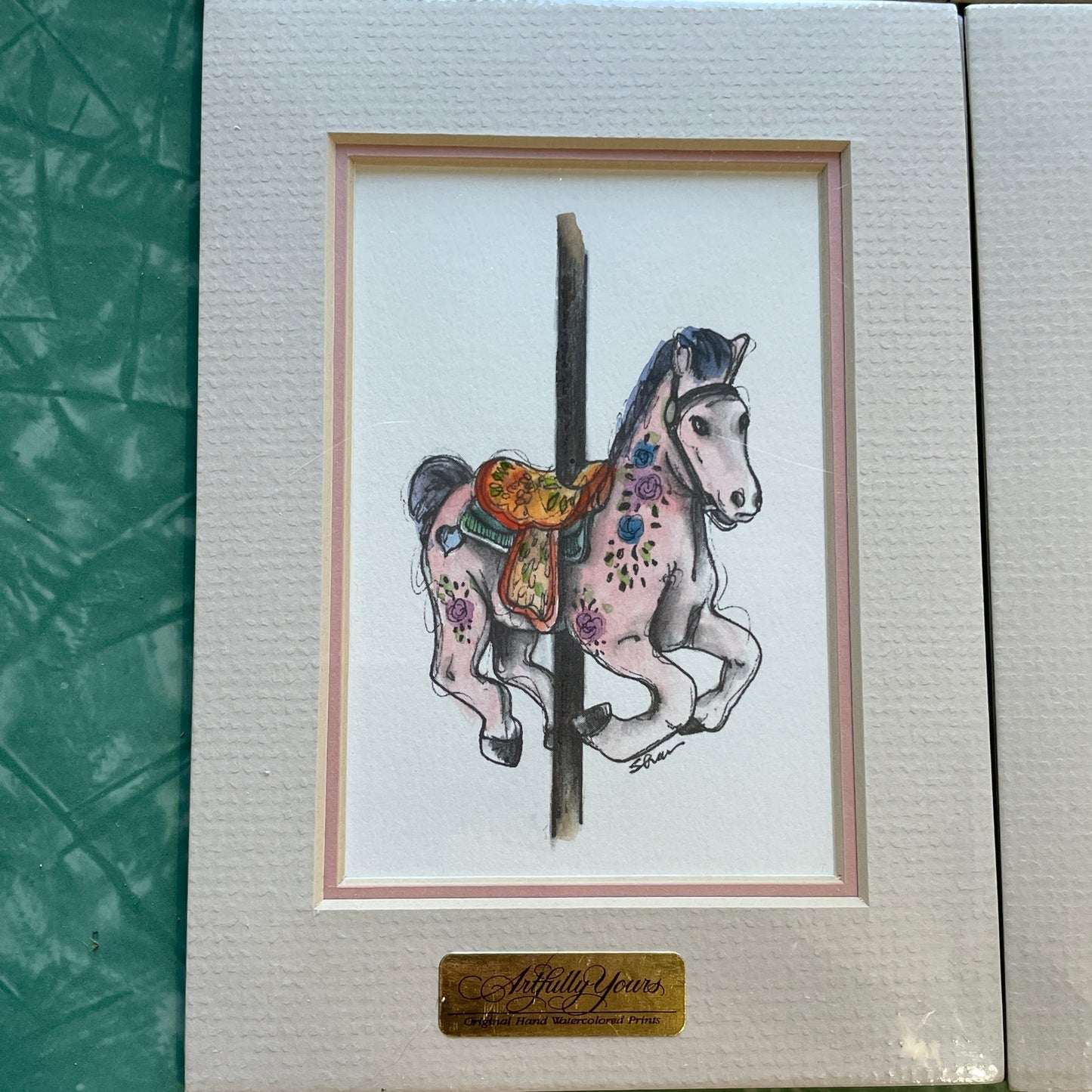 Pink Carousel Horse 5x7 Matted Print Hand Watercolor, Signed Shar Coulson