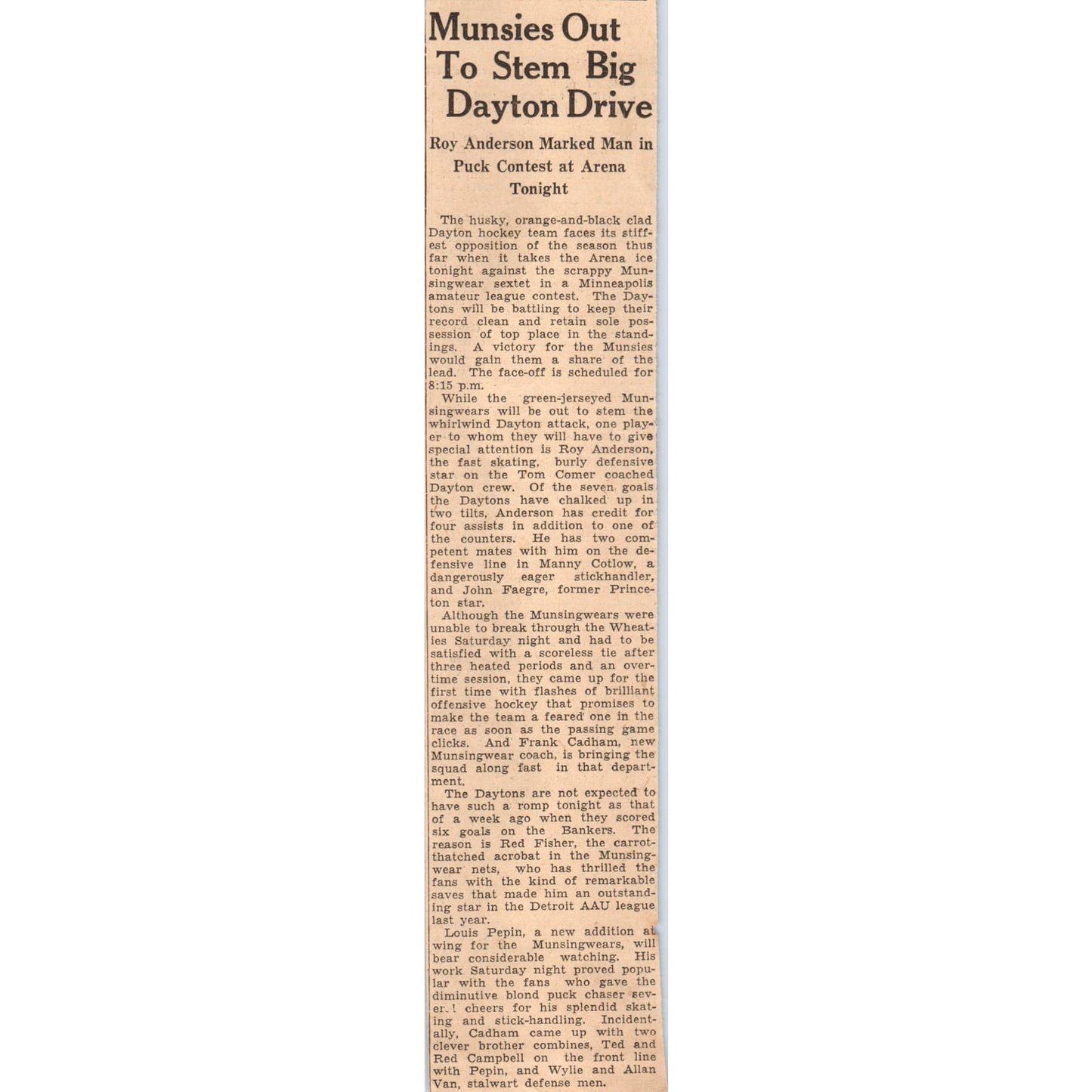 Amateur Hockey Munsingwear Munsies Dayton Daytons 1935 Newspaper Article AE7-N4