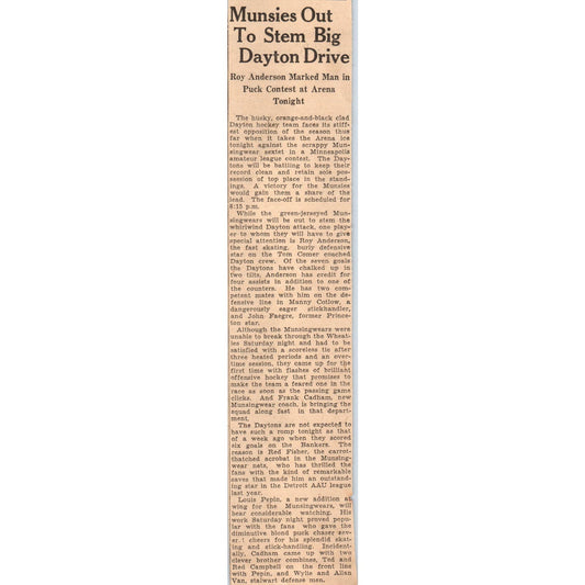 Amateur Hockey Munsingwear Munsies Dayton Daytons 1935 Newspaper Article AE7-N4