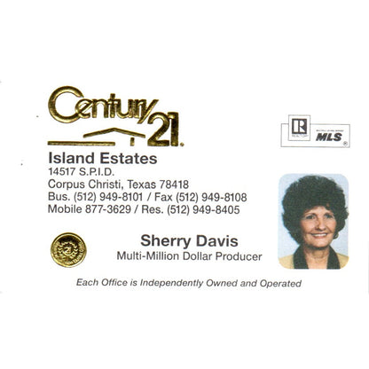 Sherry Davis Island Estates Century 21 Corpus Christi Vtg Business Card SE3-B2